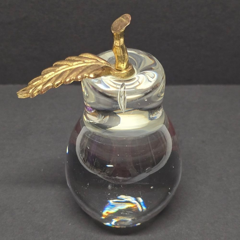 Vintage Hand Blown Art Glass Clear Pear Paperweight With Brass Leaf Art Deco